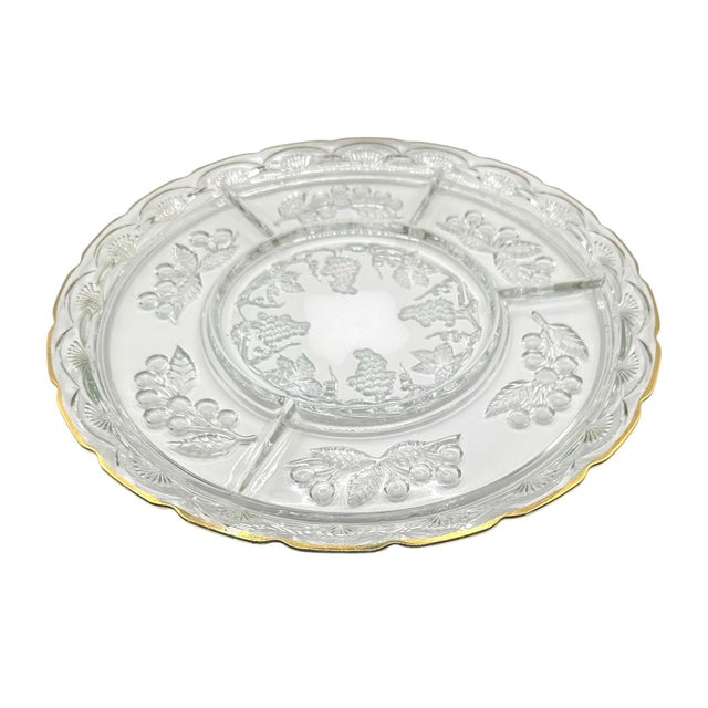 Vintage Crystal Clear Glass 5 Part Divided Serving Tray With Grape and Leaf Motifs For Sale - Image 4 of 9