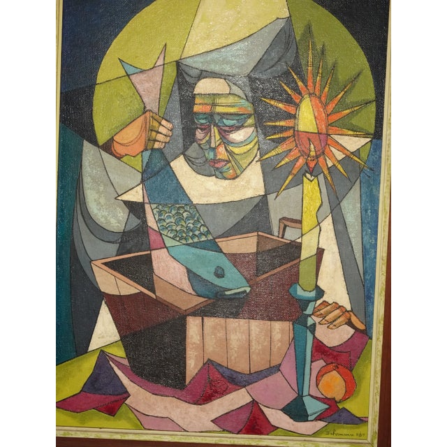 Abstract Mid 20th Century Cubist Oil Painting of a Nun with Candle, Framed For Sale - Image 3 of 13