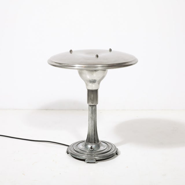 Metal Art Deco Machine Age Saucer Form Polished Aluminum Table Lamp W/ Sculptural Base For Sale - Image 7 of 11