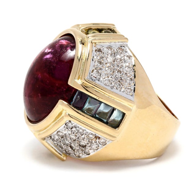 1990s 1990s 22ctw Pink Tourmaline Diamond Gem-Set Cabochon Cocktail Ring, 18k Yellow Gold, Size 6.5 For Sale - Image 5 of 6