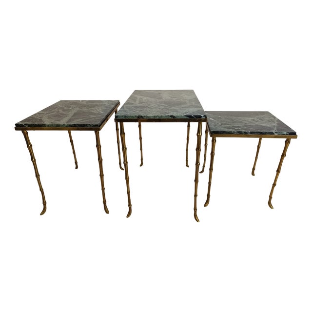 Nesting Tables in Bamboo, Bronze, and Marble from Maison Jansen, 1950s, Set of 3 For Sale