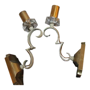1930's French Art Deco Gilt and Patinated Bronze With Crystal Wall Sconces Documented by Jules Leleu a - Pair