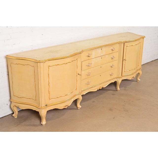 Baker Furniture Company Antique Italian Louis XV Cream Lacquered and Gold Gilt Monumental Sideboard Credenza, Circa 1940s For Sale - Image 4 of 15