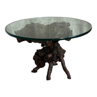 1980s Small Rustic Wooden Tree Root Side Table With Glass Top For Sale