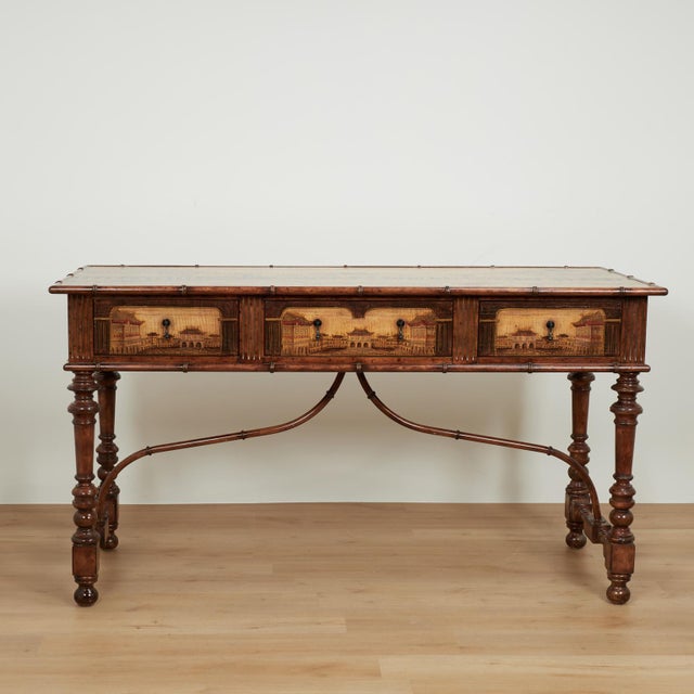 Vintage console server crafted in chestnut with Asian and European style influences featuring hand painted chinoiserie...