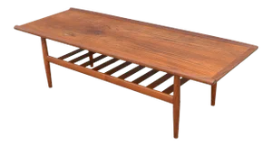 Mid Century Danish Sculpted Teak Coffee Table With Slatted Shelf