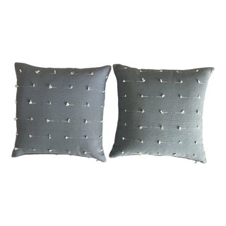 Contemporary Schumacher Sky Blue With White Fringe Teton Fabric Pillows- a Pair For Sale