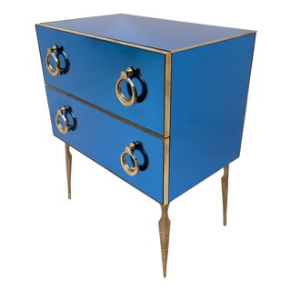 Mid-Century Modern Style Blue Mirrored Chest of Drawers with Brass Details, 2000 For Sale
