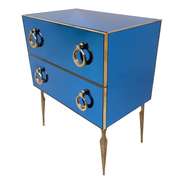 Mid-Century Modern Style Blue Mirrored Chest of Drawers with Brass Details, 2000 For Sale
