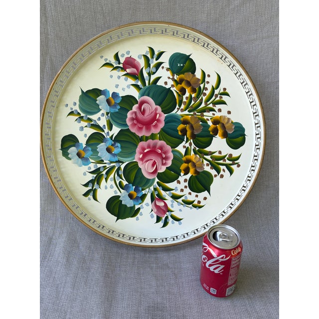 Metal Vintage White Tole Round Tray For Sale - Image 7 of 16