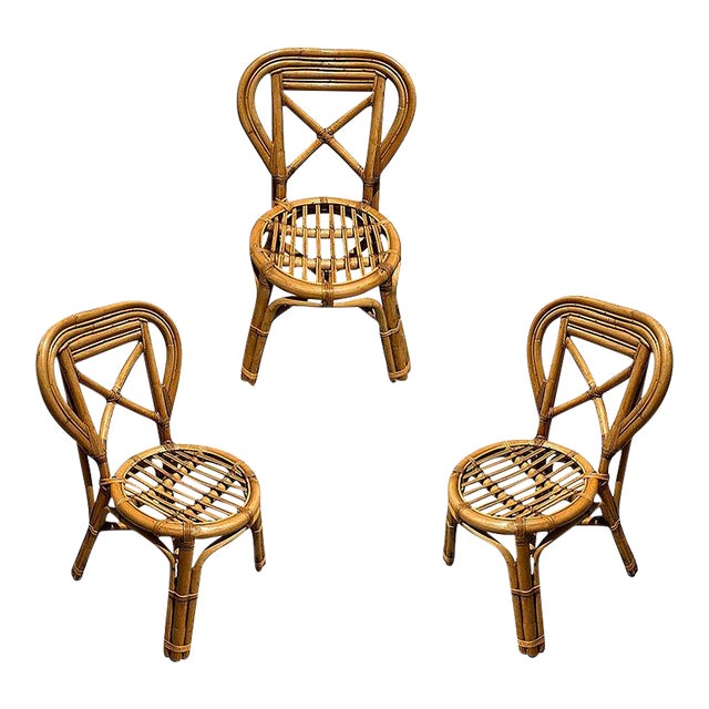 1950s Restored Mid-Century Rattan Dining Side Chairs With Heart Backs- Set of 3 For Sale