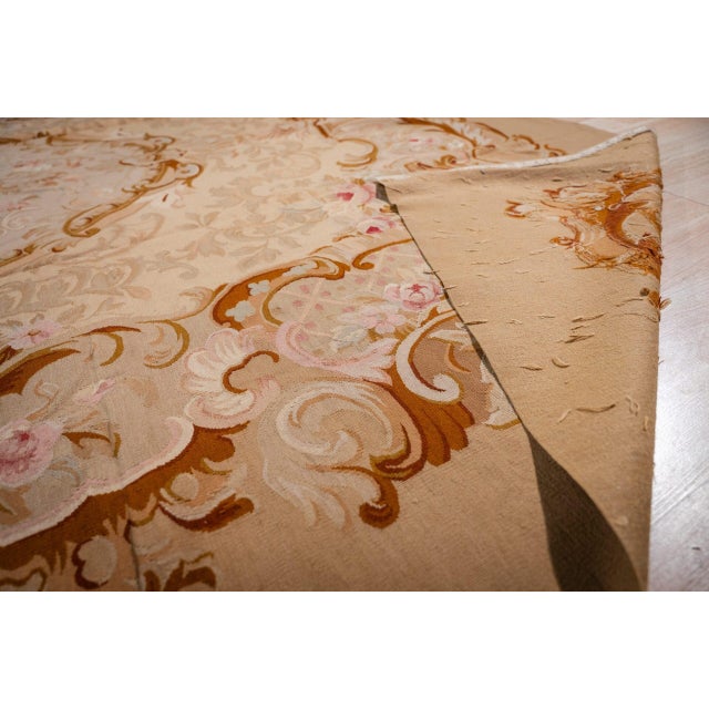 9x12 Vintage Aubusson Flat Weave Wool Rug, Beige Rose Medallion For Sale - Image 10 of 13