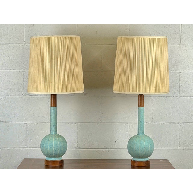 1950s Danish Modern Teal Ceramic & Walnut Lamps - a Pair For Sale - Image 4 of 6