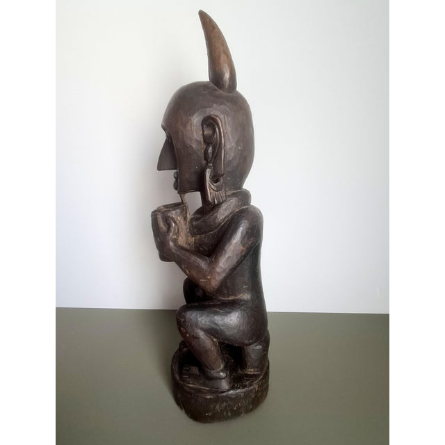Vintage African Wooden Horned Figure Sculpture Tribal Art Hand Carved Wood Statue, 1970 For Sale - Image 4 of 9