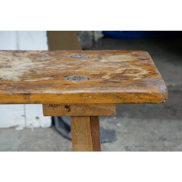 Early 20th Century Vintage French Inspired Weathered Reclaimed Oak Farmhouse Peg Leg Bench Seat 68" For Sale - Image 5 of 15