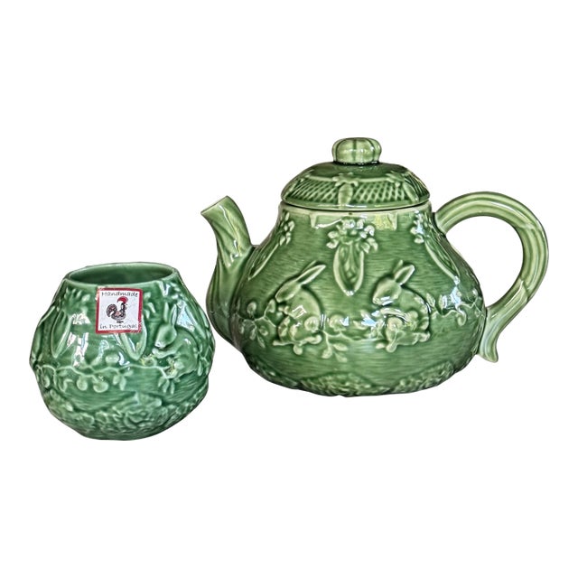 Vintage Bordallo Pinheiro Easter Bunny Tea Pot & Open Sugar Bowl - Set of Two For Sale