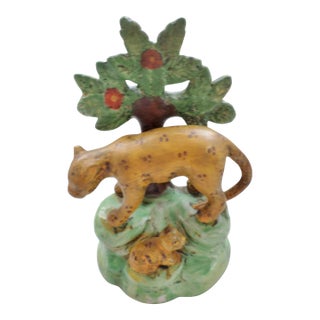 Antique Staffordshire Pottery Leopard Cat With Baby Figurine For Sale