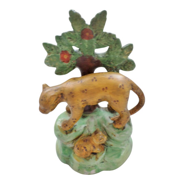 Antique Staffordshire Pottery Leopard Cat With Baby Figurine For Sale