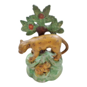 Antique Staffordshire Pottery Leopard Cat With Baby Figurine