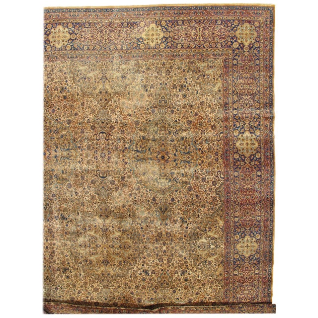 Brown Antique Persian Kerman Carpet, Oriental Rug, Handmade, Ivory, Gold, Blue, Soft For Sale - Image 8 of 18