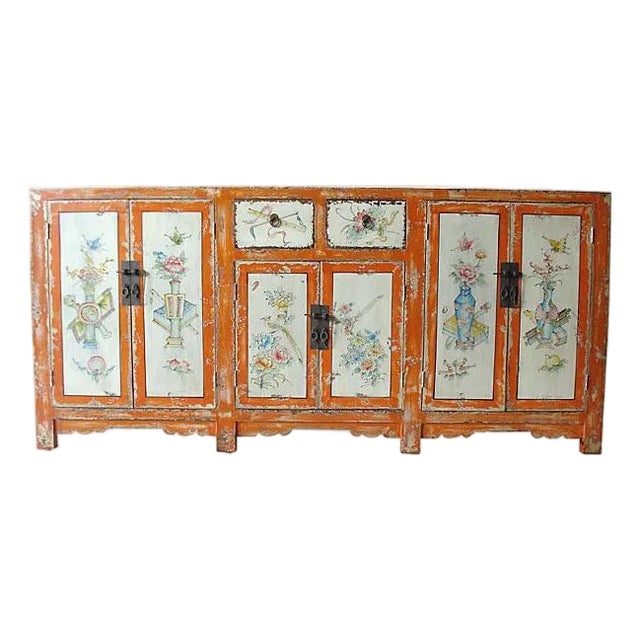 Vintage Mongolian Hand Painted Elm Wood Large Cabinet W/ Six Doors 77" W For Sale
