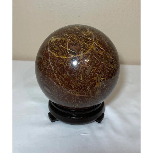 Vintage 6.5” Brown Amber Marble Ball Sphere Orb on Lacquered Wood Stand For Sale - Image 12 of 12