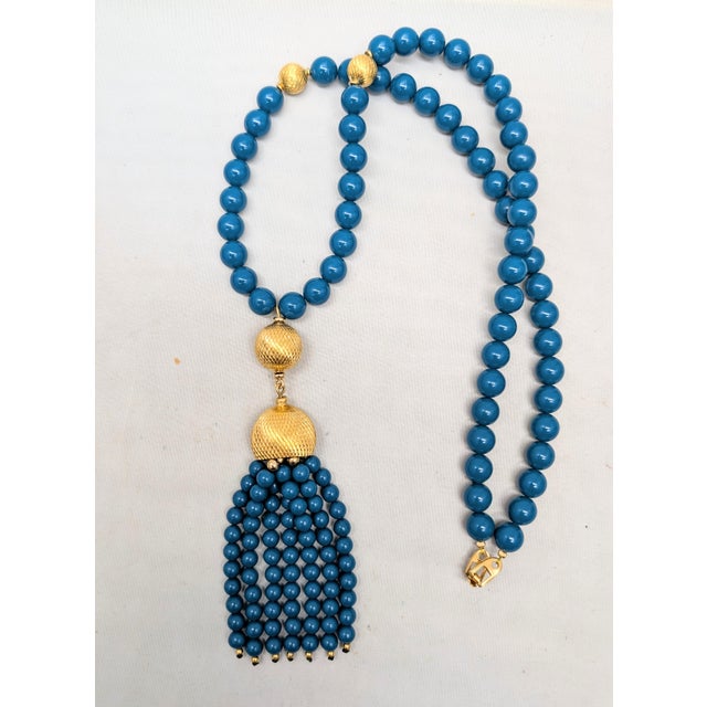 Blue Vintage 1980s Signed Napier Goldtone Beaded Faux-Lapis Tassel Pendant Necklace For Sale - Image 8 of 8