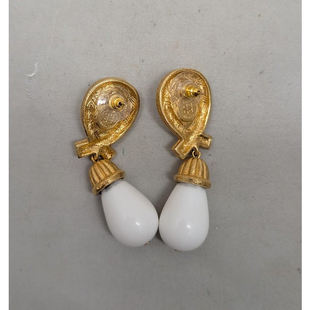 Metal Vintage 1980s Signed Givenchy Goldtone White Drop Clip Earrings-2 Pieces For Sale - Image 7 of 7