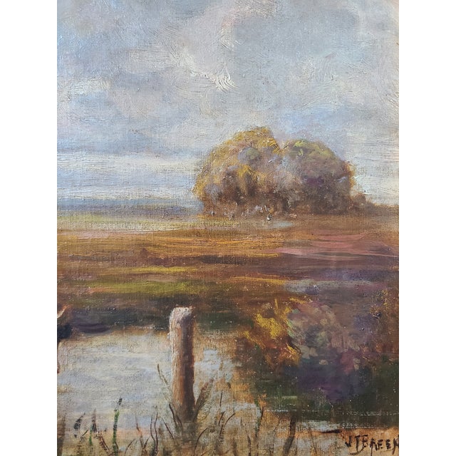 Yellow James T. Breen Antique 19th Century Oil Painting Moody Pastoral Landscape With Cows For Sale - Image 8 of 17