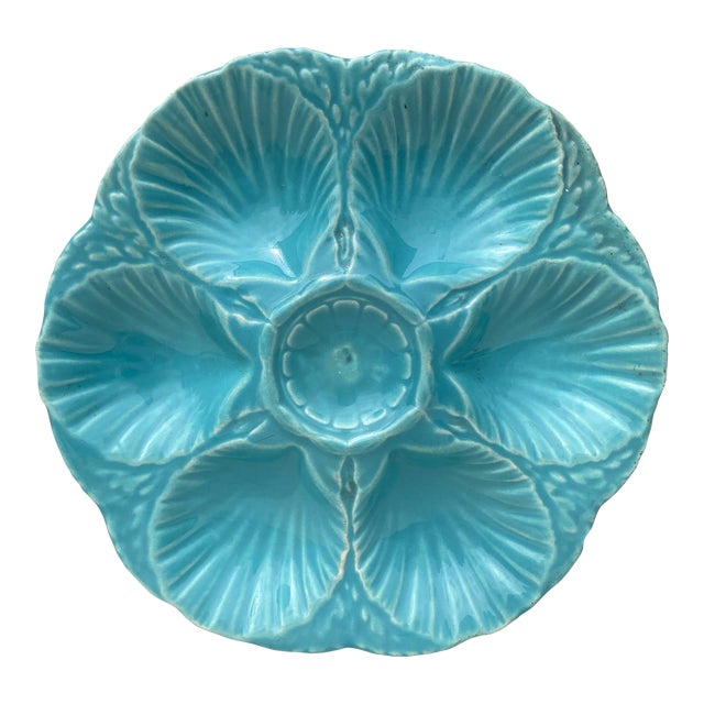 French Majolica Oyster Aqua Turquoise Plate Sarreguemines, Circa 1870 For Sale
