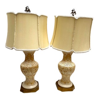 Midcentury Asian Chinoiserie Pair of Pottery Table Lamps -Set of Two For Sale