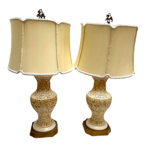 Midcentury Asian Chinoiserie Pair of Pottery Table Lamps -Set of Two