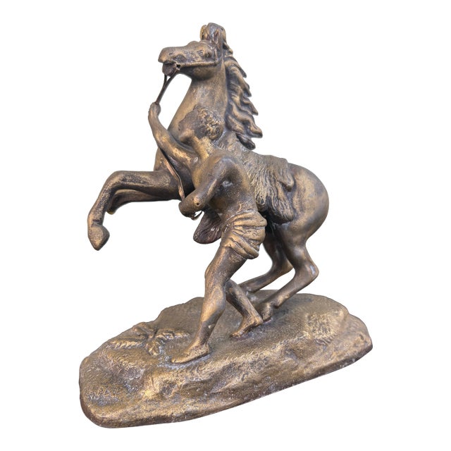 Early 20th Century Signed Classical Bronze-Tone Sculpture of Youth Restraining a Rearing Horse For Sale