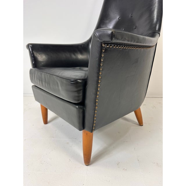 1960s Mid-Century Scandinavian Modern Black Leather High-Back Lounge Chair For Sale - Image 5 of 8
