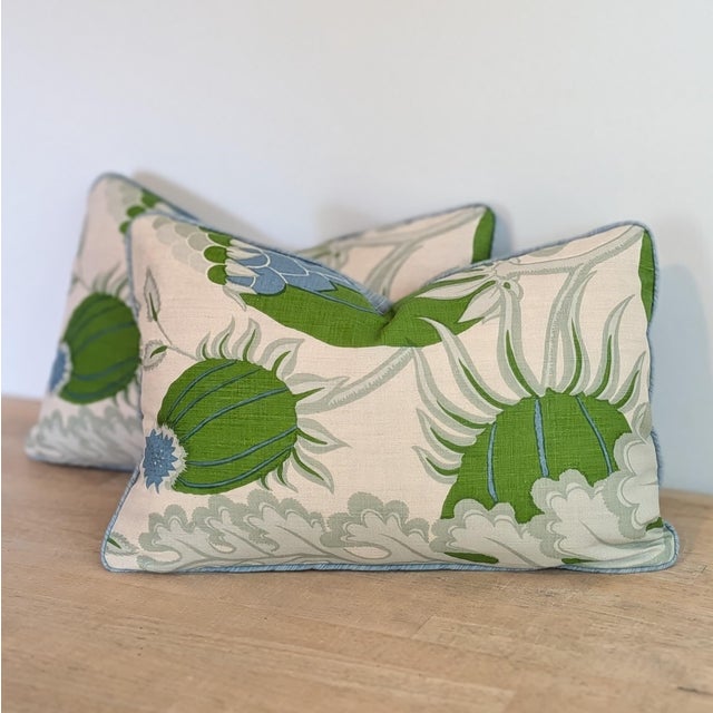 Christopher Farr Christopher Farr Cloth Carnival Print Linen 14x20" Lumbars in Blue & Green With Blue Cord - Pair For Sale - Image 4 of 7