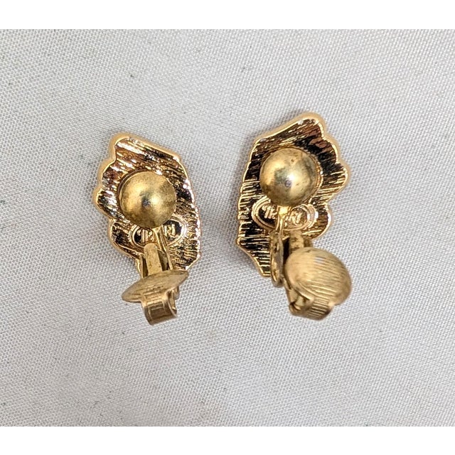 Metal Vintage 1980s Signed Trifari Goldtone Faux-Ruby & Clear Rhinestone Clip Earrings-2 Pieces For Sale - Image 7 of 7