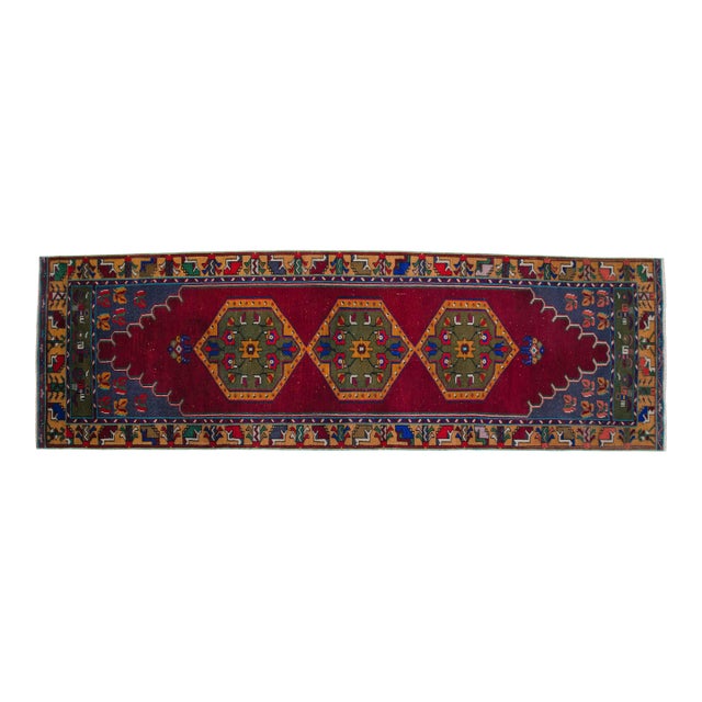 Low Pile Hand Knotted Runner Rug Vintage Oushak Hallway - 2'12″ X 9'8″ For Sale