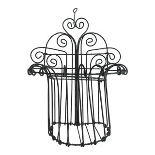 Vintage French Wrought Iron Wall-Mounted Scrollwork Plant Garden Basket 13” Tall X 11” Wide For Sale