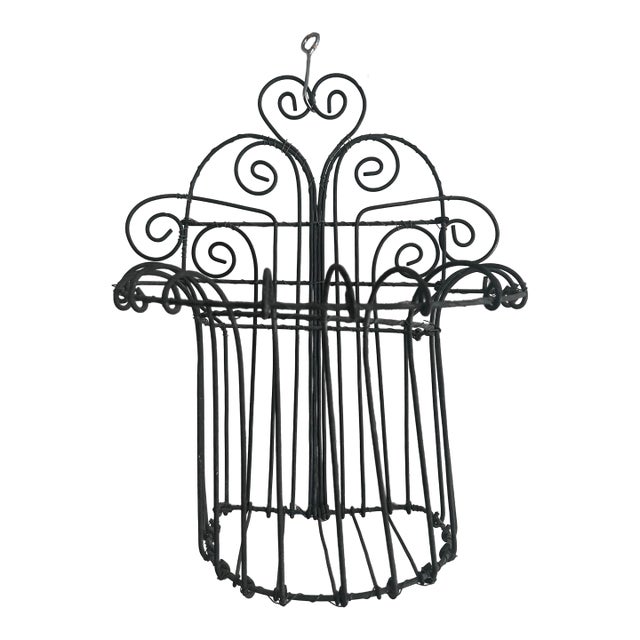 Vintage French Wrought Iron Wall-Mounted Scrollwork Plant Garden Basket 13” Tall X 11” Wide For Sale