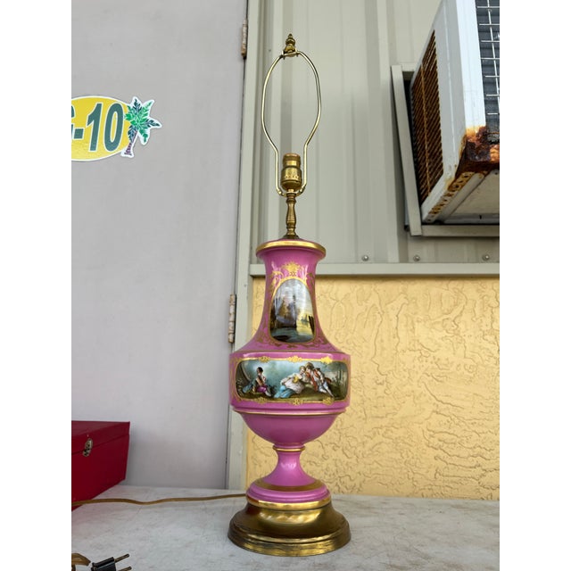 Metal Vintage French Sevres Style Pink Porcelain Urn Table Lamp With Dual-Sided Hand-Painted Scenes For Sale - Image 7 of 12