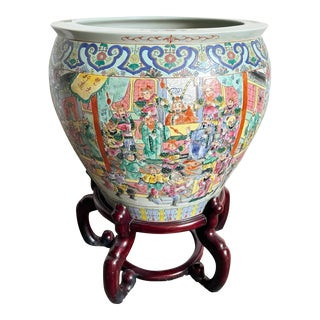 Chinese Hand Painted Floor Vase With Wooden Stand For Sale