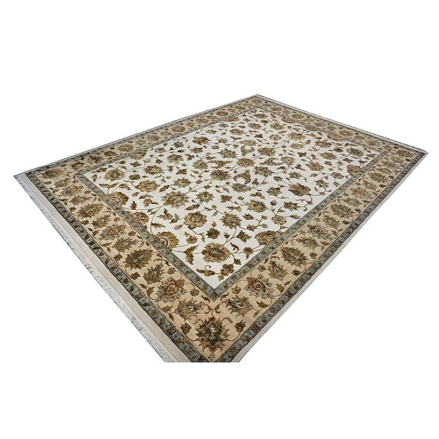 Textile Indian Tabriz Wool & Silk 9x12 White Ivory, Tan, Blue, & Green Handmade Area Rug #1144267 For Sale - Image 7 of 12