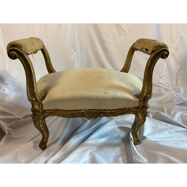 1900 - 1909 Antique Louis XV Style Giltwood Bench, Original Springs & Horsehair Seat — Ready for Reupholstery For Sale - Image 5 of 9