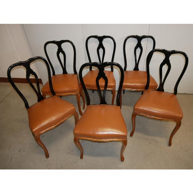 Six 1950s italian chippendale-style chairs six beechwood chairs with black-stained backs faux leather seats, restored some...