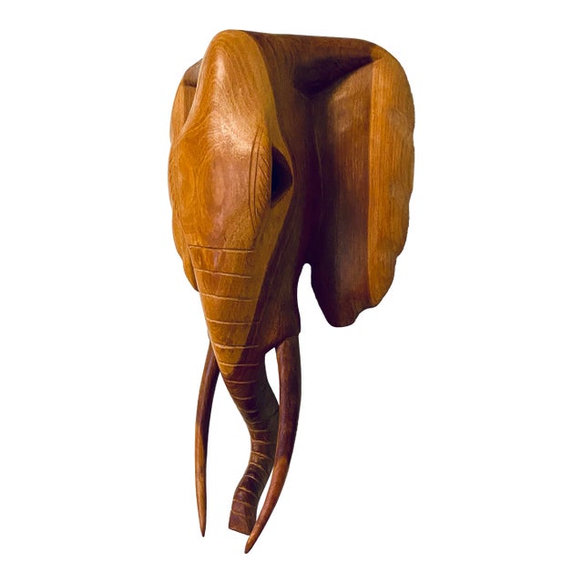 African Tribal Folk Art Carved Wood Elephant Wall Sculpture For Sale