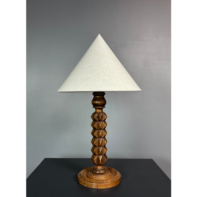 Brown Brutalist French Wood Turned Table Lamp by Charles Dudouyt, 1940s For Sale - Image 8 of 9