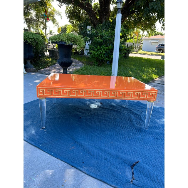 2020s Mid-Century Modern Style High-Gloss Orange Lacquered Wood and Lucite Greek Key Coffee Table by Julio Jimenez For Sale - Image 5 of 17