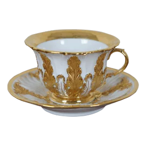 Antique Meissen Acanthus Leaf Mocha Teacup & Saucer 1st Choice White & Gold