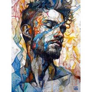 The Veil of Now by Jon Wassom | Mixed Media on Panel portrait of a man with abstract elements For Sale