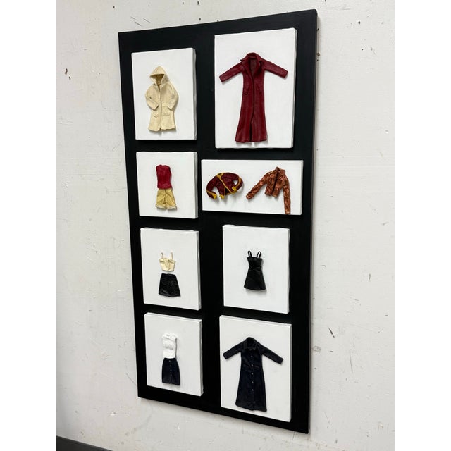 Design Plus Gallery presents a Mixed Media Fashion Wardrobe Wall Art Panel. This sculptural wall art showcases miniature...